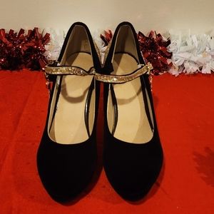BLACK VELVET & GOLD GLITTER 3.5 INCH PLATFORM PUMPS